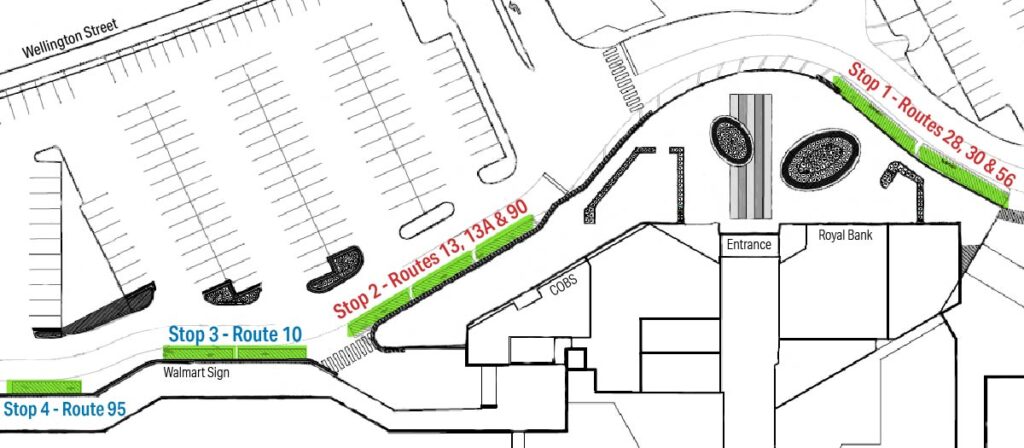 A map of the White Oaks Mall stop locations. Stop 1 - Routes 28, 30, & 56, Stop 2 - Routes 13, 13A & 90, Stop 3 - Route 10, Stop 4 - Route 95.