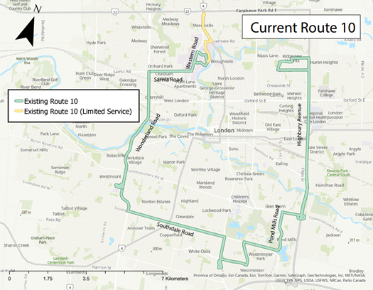 Current Route 10 travels from Huron and Barker south on Highbury, west on Commisioners, south on Pond Mills, west on Southdale, south on Adelaide, west on Bradley to White Oaks Mall. From White Oaks north on Wellington, west on Southdale, north on Wonderland, east on Sarnia, to north on Western Rd to Western Campus to Masonville Mall.