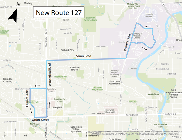 New Route 127 is proposed to loop on Western Campus travelling east on Lambton, Middlesex Dr and Elgin Rd to south on Western Rd continuing to west on Sarnia Rd, south on Wonderland Rd and west on Beaverbrook Ave, south on Capulet Lane, east on Oxford to north on Wonderland.