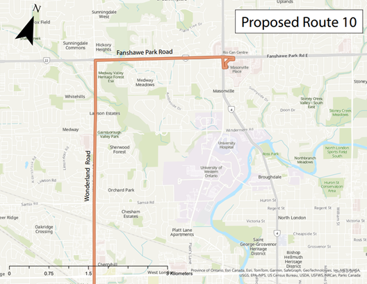 Proposed Route 10 changes  - Continue north on Wonderland , no longer servicing Western Campus to east on Fanshawe Park Rd to Masonville Mall. Looping at Masonville Mall to heading back west on Fanshawe Park Rd to south on Wonderland back to regular routing.