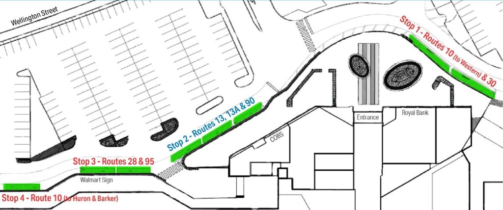 White Oaks Mall Stop Relocation. Stop 1 - Routes 10 (to Western) and 30. Stop 2 - Routes 13, 13A and 90. Stop 3 - Routes 28 and 95. Stop 4 - Route 10 (to Huron and Barker).