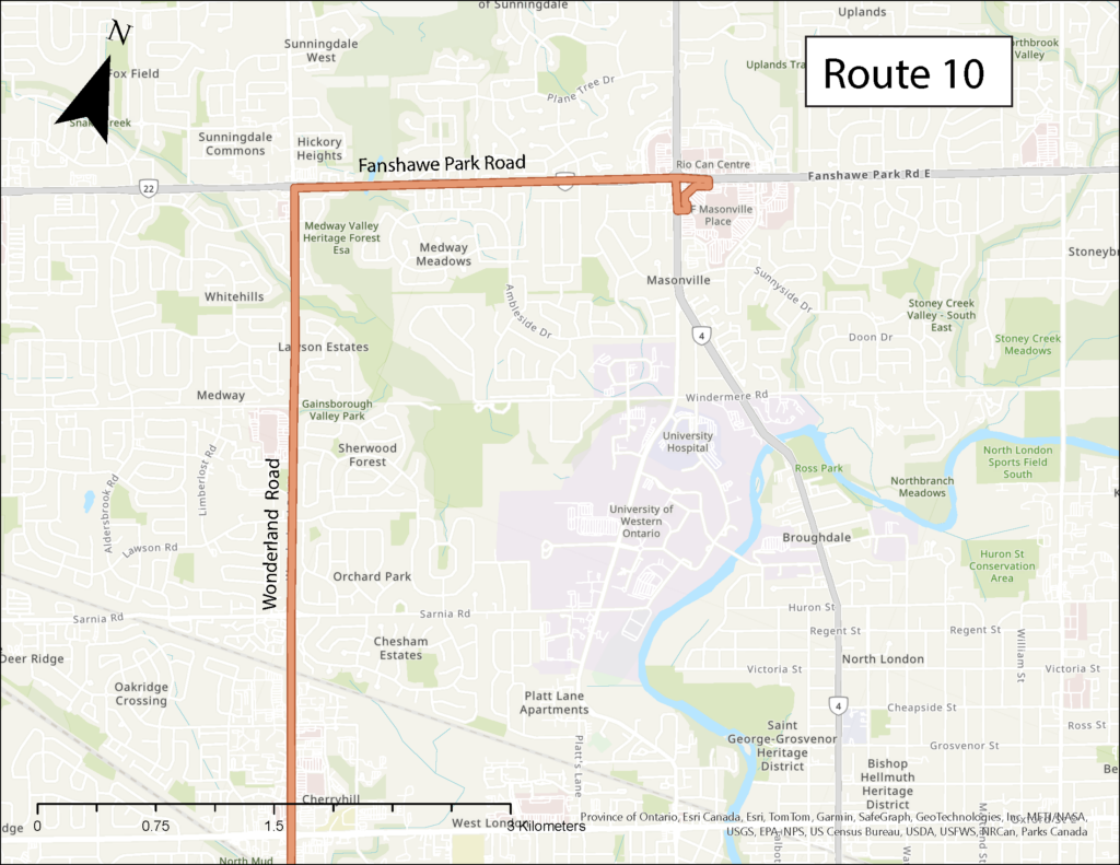 Map showing the new Route 10 operating along Wonderland and Fanshawe Park Road to Masonville Mall