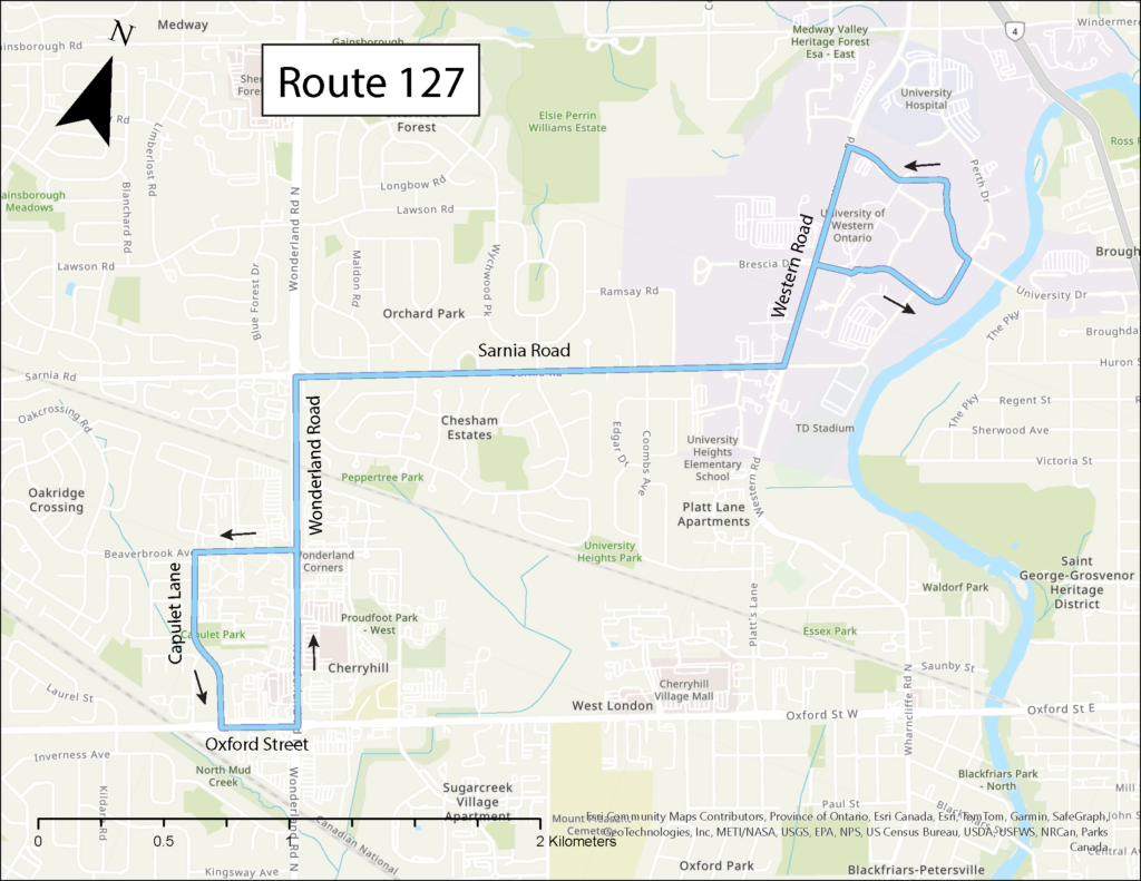 Map showing new route 127 operating between Western University and Capulet Lane via Western Rd, Sarnia, Wonderland and Beaverbrook